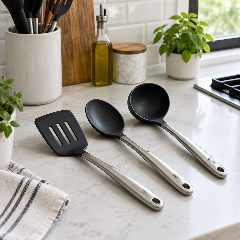 Kitchen utensil set with spatula, spoon, and ladle in black silicone and stainless steel