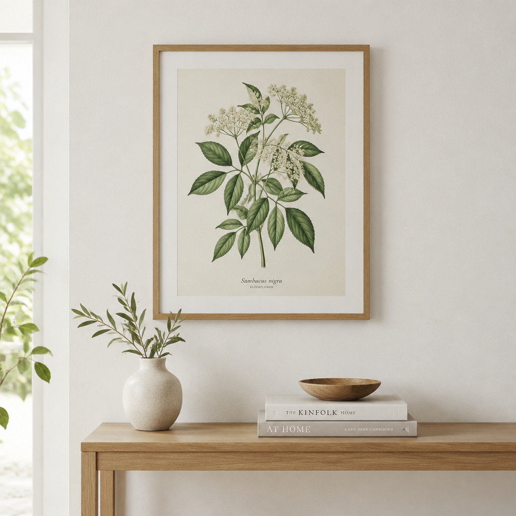 Framed botanical wall art print on a neutral white wall above a minimalist console table