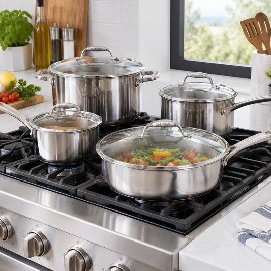 Sleek stainless steel cookware set with pots and pans on a modern kitchen stove