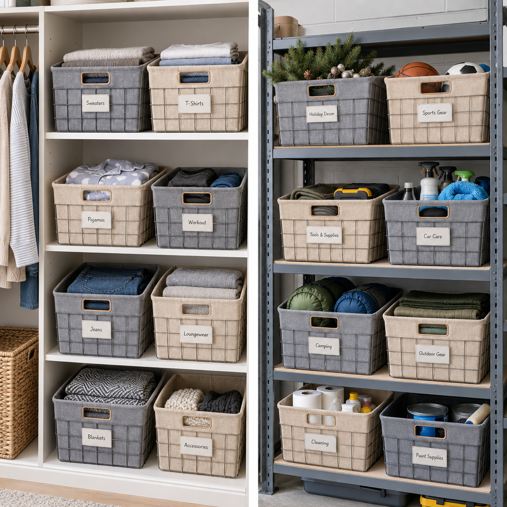 Fabric and wire storage bins on closet and garage shelves in grey and natural tones