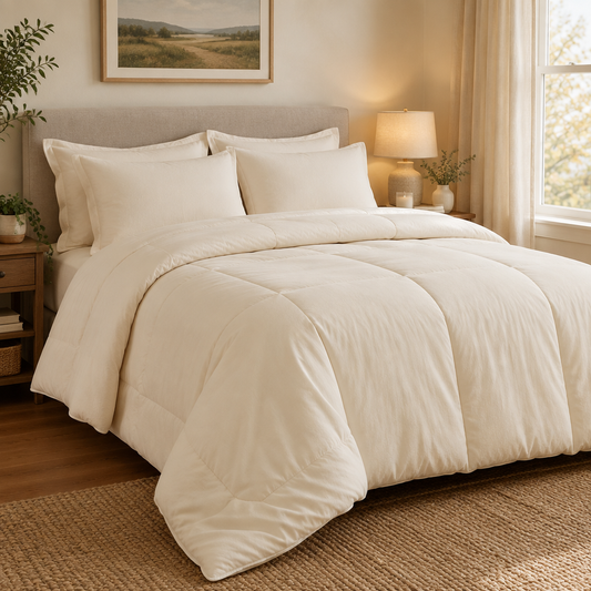 Neatly made bed with a soft ivory comforter set and matching pillowcases in a cozy bedroom