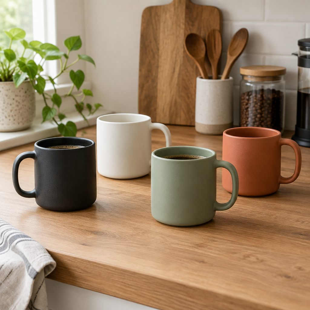 Minimalist ceramic coffee mugs in assorted colors on a wooden kitchen counter