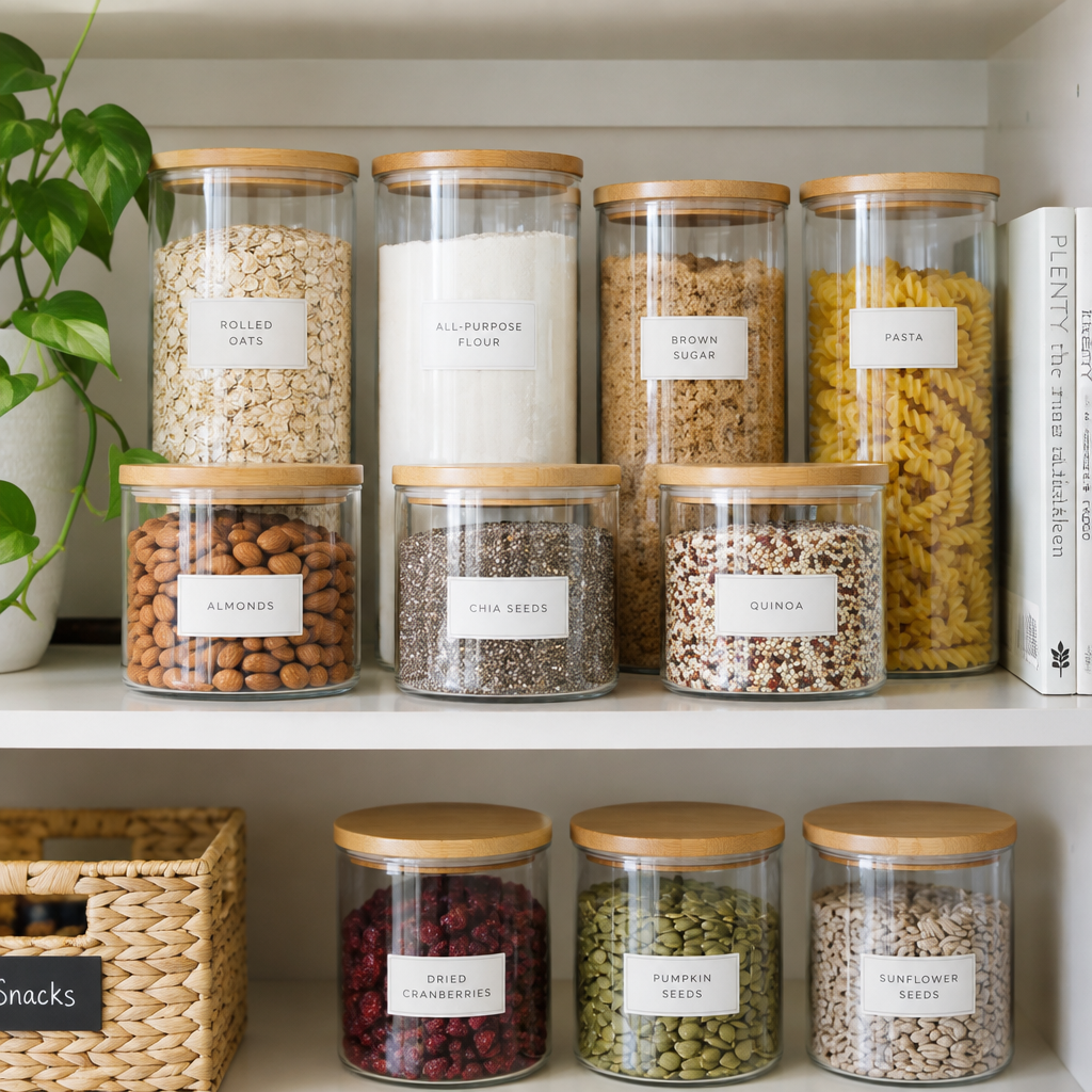 Glass storage containers with bamboo lids on a pantry shelf with dry goods inside