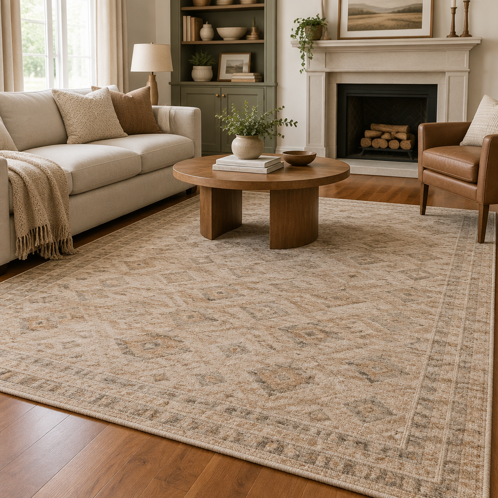 Area rug with subtle geometric pattern in warm neutral tones on a hardwood floor