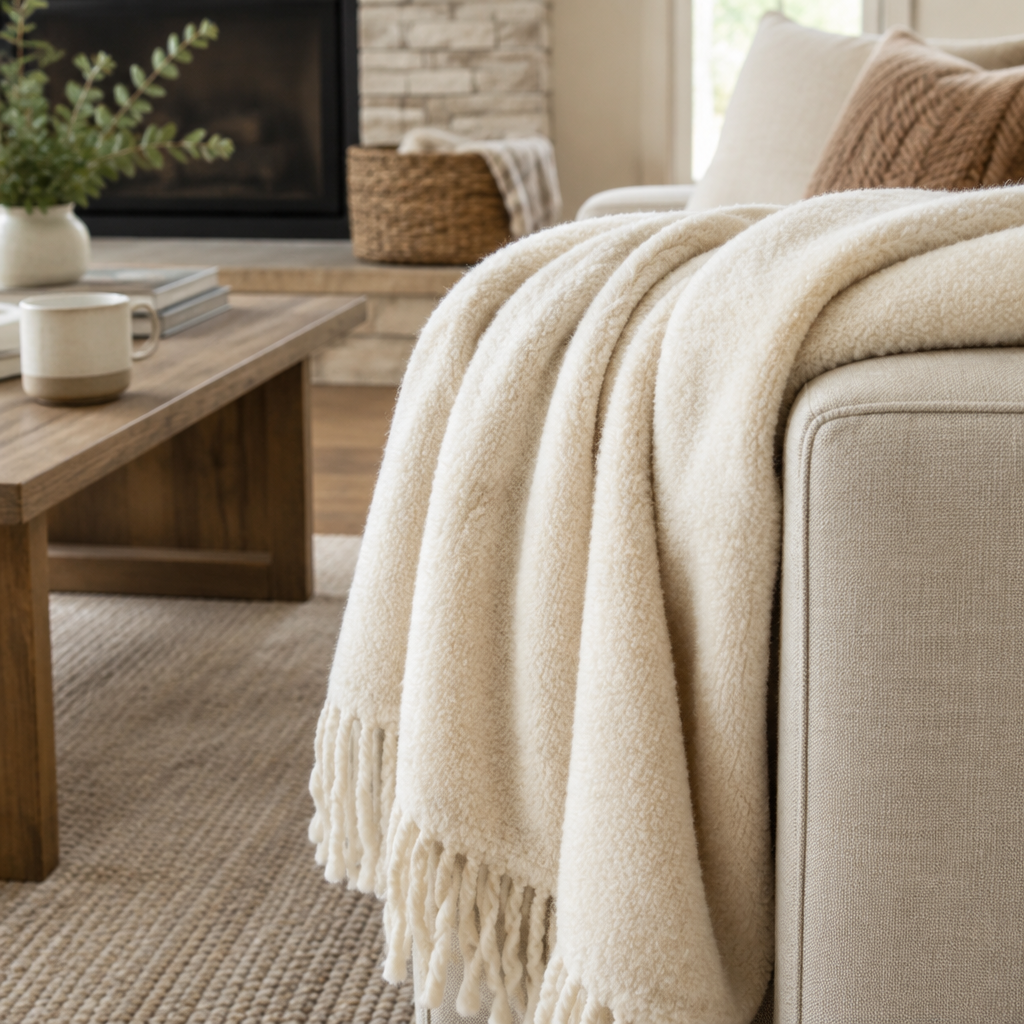 Soft ivory throw blanket draped over a couch armrest in a cozy living room