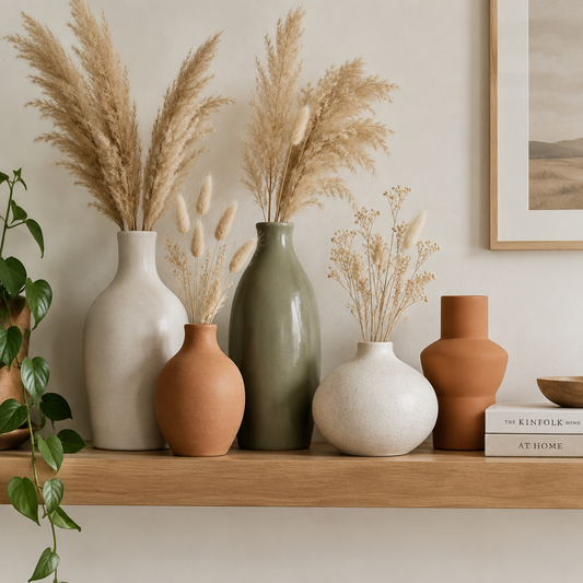 Decorative vases in ceramic and terracotta with dried pampas grass on a minimalist shelf