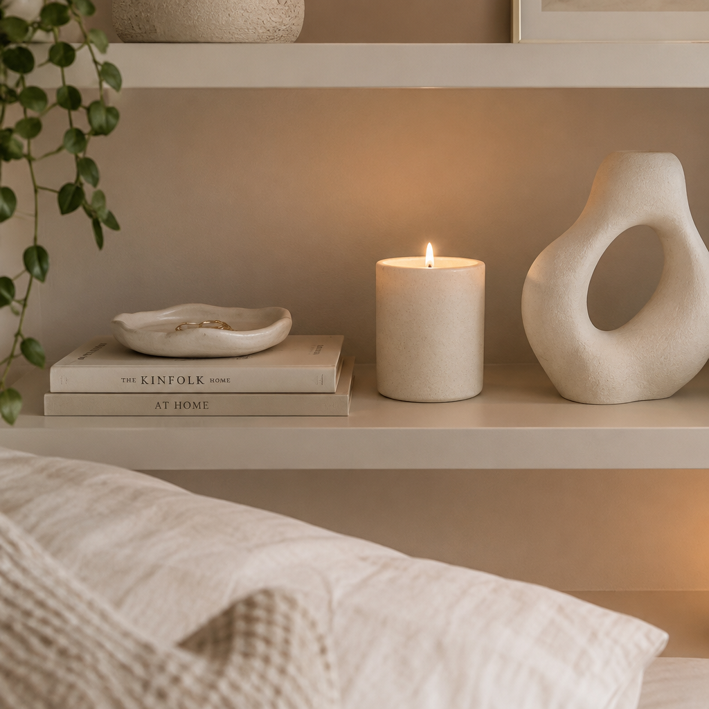 Minimalist decorative accent pieces including ceramic tray and candle holder on a bedroom shelf
